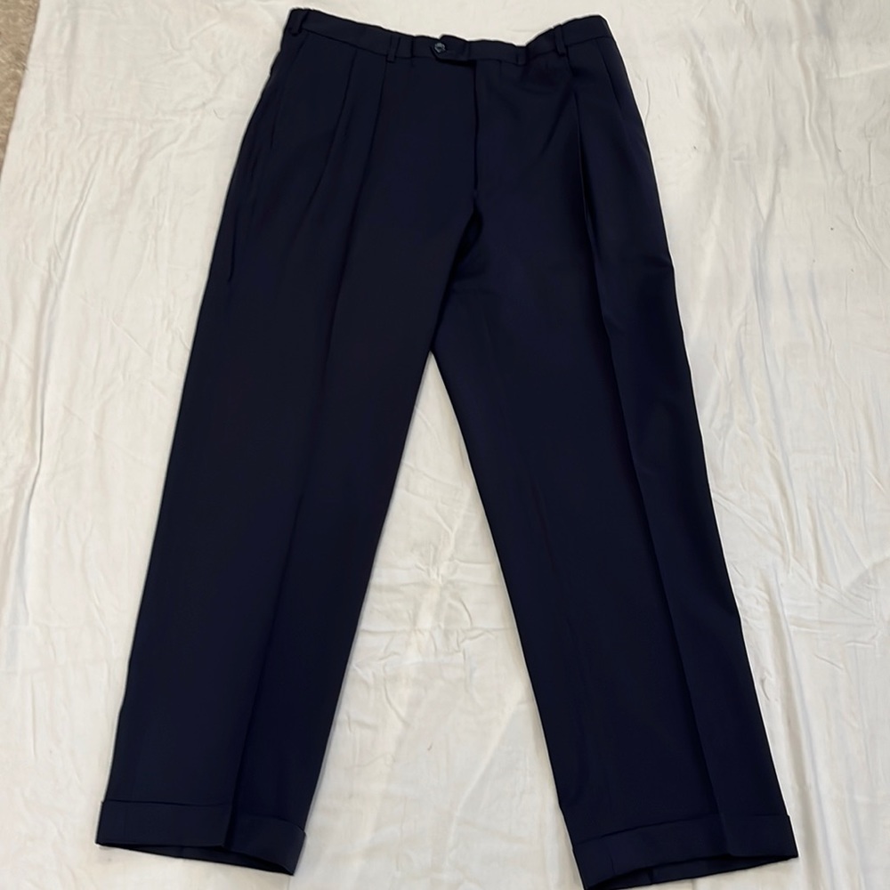 Men's Wool Pleated Dress Pants 38x31 Navy Blue Cuffed Bottoms